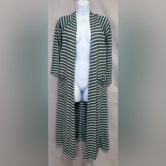 LuLaRoe Long Open‎ Duster Cardigan Sweater Women's Sz S Teal Green Gray Striped - Picture 8 of 9